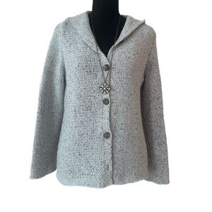#33 SIGRID OLSEN ~ Light Gray Wood Grain Button-Up Hooded Cardigan size M